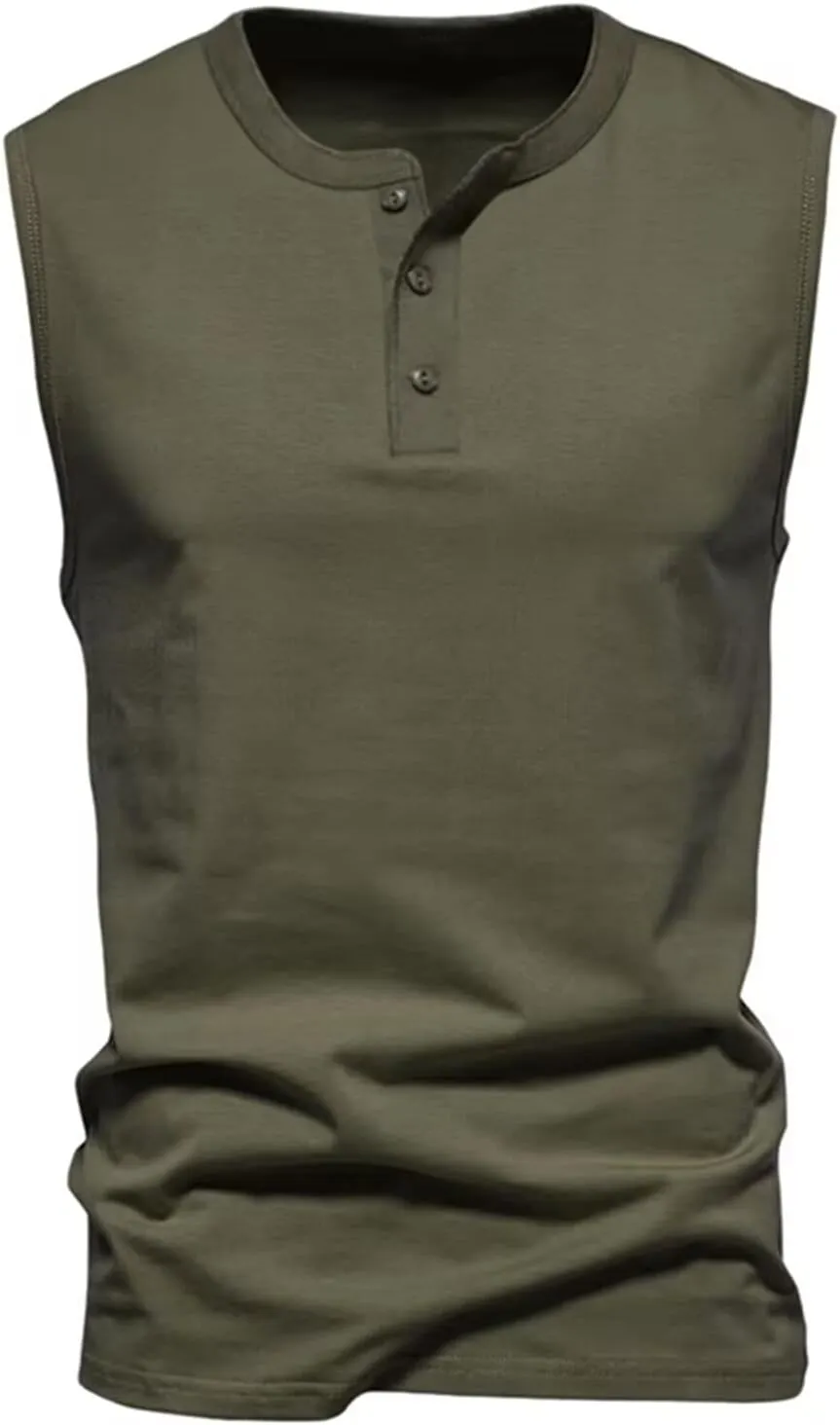 Mens Henley Tank Tops Casual Sleeveless Button Down Shirts Cotton Blend Crewneck Beach Hippie Tops Muscle Slim Fit Shirts