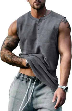 Mens Henley Tank Tops Casual Sleeveless Button Down Shirts Cotton Blend Crewneck Beach Hippie Tops Muscle Slim Fit Shirts