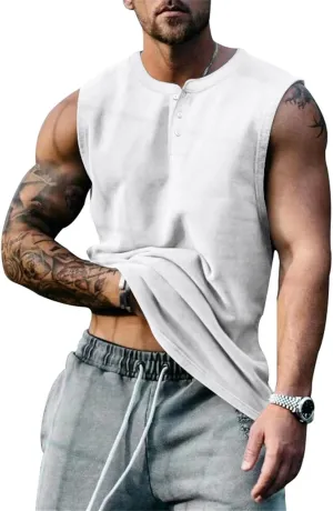 Mens Henley Tank Tops Casual Sleeveless Button Down Shirts Cotton Blend Crewneck Beach Hippie Tops Muscle Slim Fit Shirts