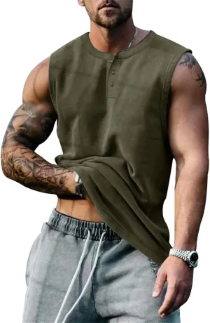 Mens Henley Tank Tops Casual Sleeveless Button Down Shirts Cotton Blend Crewneck Beach Hippie Tops Muscle Slim Fit Shirts