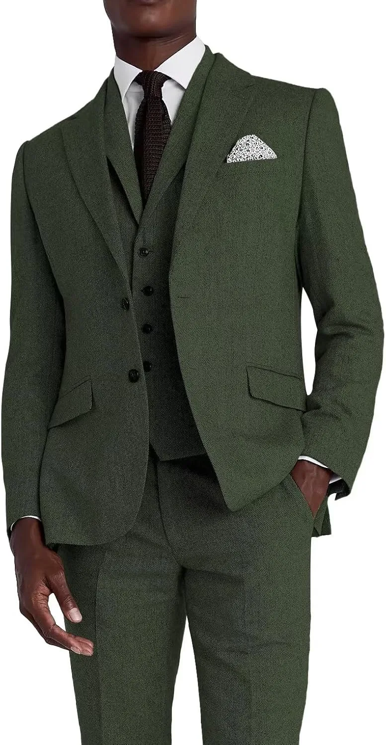 Men's Herringbone Tweed Suits for Men Wedding Suits Slim Fit 3 Piece Formal Business Suit