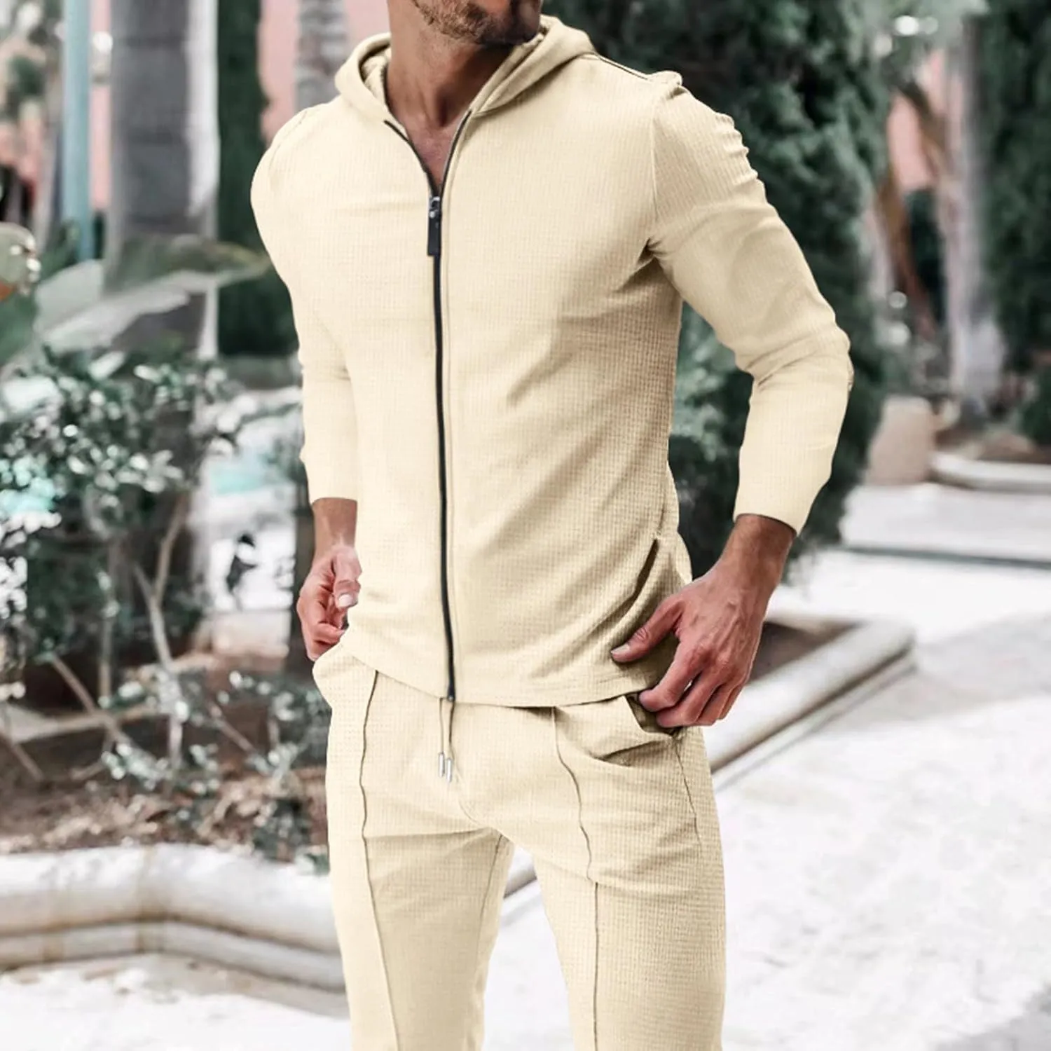Men's Jogging Tracksuit Set 2024 Zipper Hooded Cardigan Solid Color Long Men's 2 Piece Tracksuit Polo Athletic