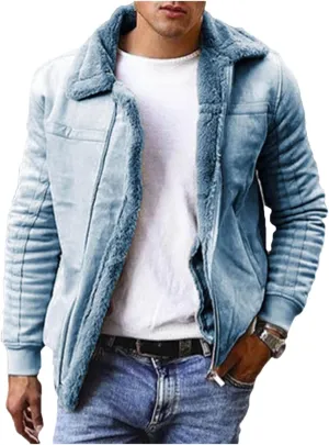 Mens Lamb Wool Bomber Coat Faux Leather Sherpa Fleece Lined Jackets Heavyweight Suede Warm Faux Fur Trench Coat for Winter