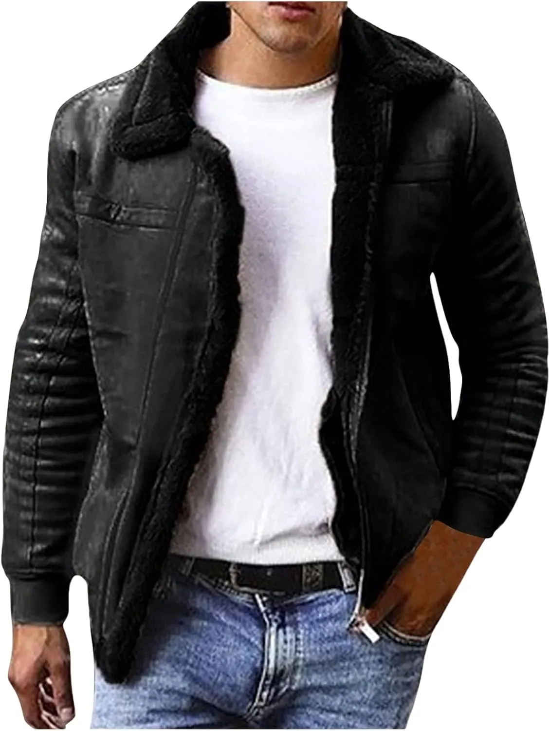 Mens Lamb Wool Bomber Coat Faux Leather Sherpa Fleece Lined Jackets Heavyweight Suede Warm Faux Fur Trench Coat for Winter