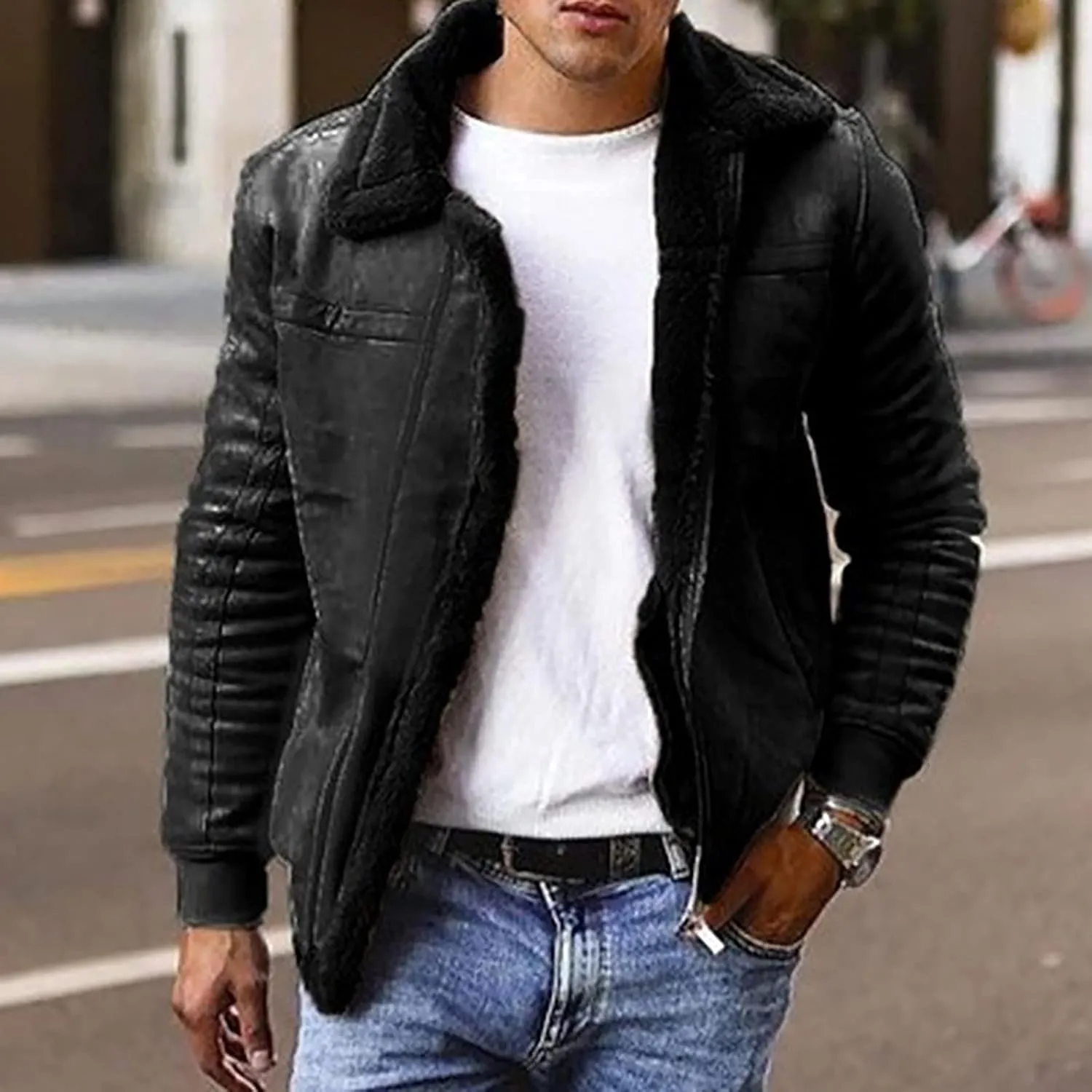 Mens Lamb Wool Bomber Coat Faux Leather Sherpa Fleece Lined Jackets Heavyweight Suede Warm Faux Fur Trench Coat for Winter