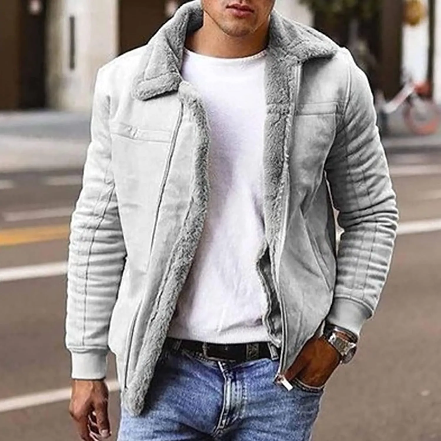Mens Lamb Wool Bomber Coat Faux Leather Sherpa Fleece Lined Jackets Heavyweight Suede Warm Faux Fur Trench Coat for Winter