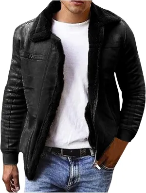 Mens Lamb Wool Bomber Coat Faux Leather Sherpa Fleece Lined Jackets Heavyweight Suede Warm Faux Fur Trench Coat for Winter