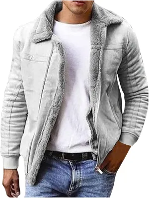 Mens Lamb Wool Bomber Coat Faux Leather Sherpa Fleece Lined Jackets Heavyweight Suede Warm Faux Fur Trench Coat for Winter