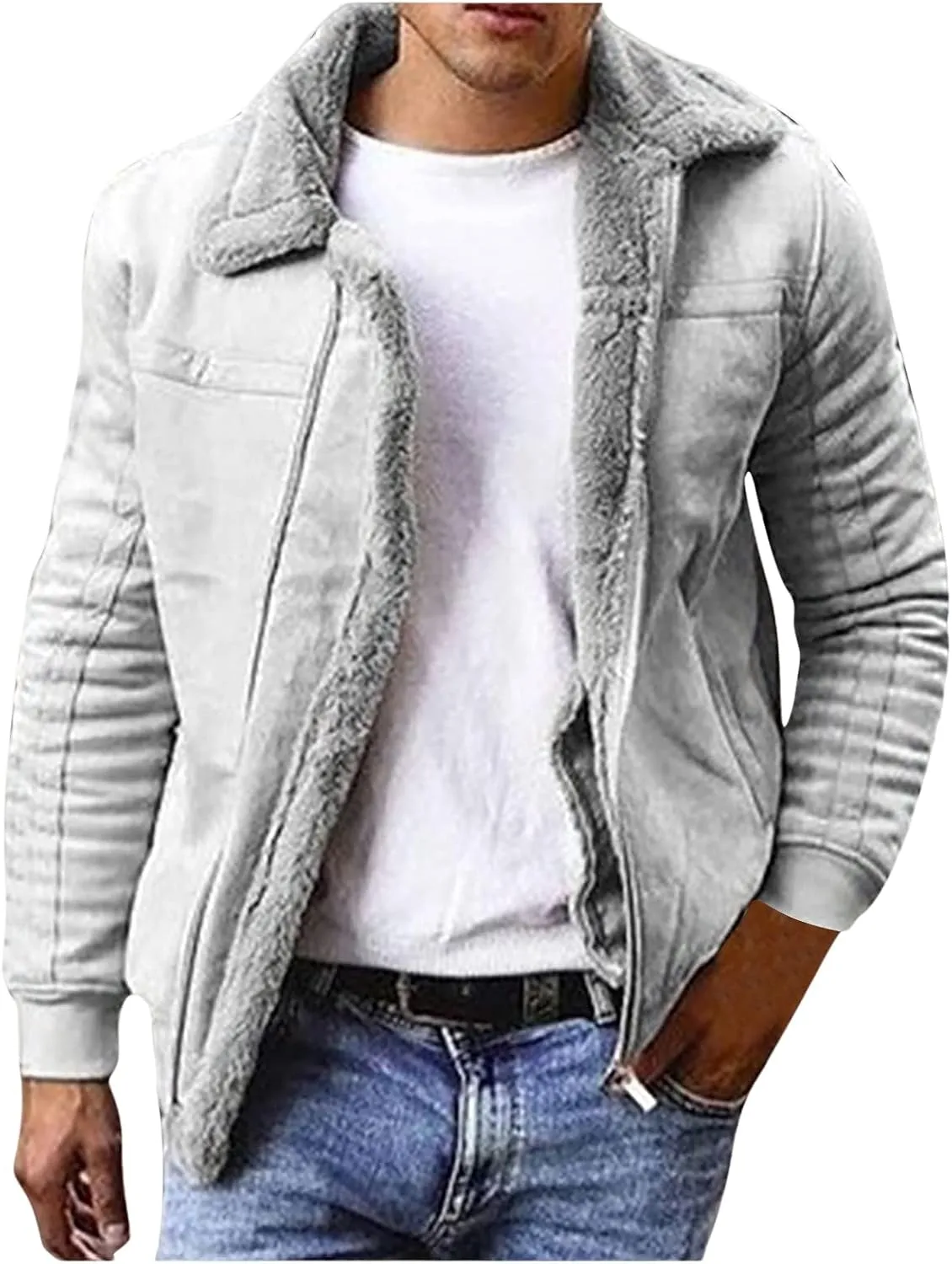 Mens Lamb Wool Bomber Coat Faux Leather Sherpa Fleece Lined Jackets Heavyweight Suede Warm Faux Fur Trench Coat for Winter
