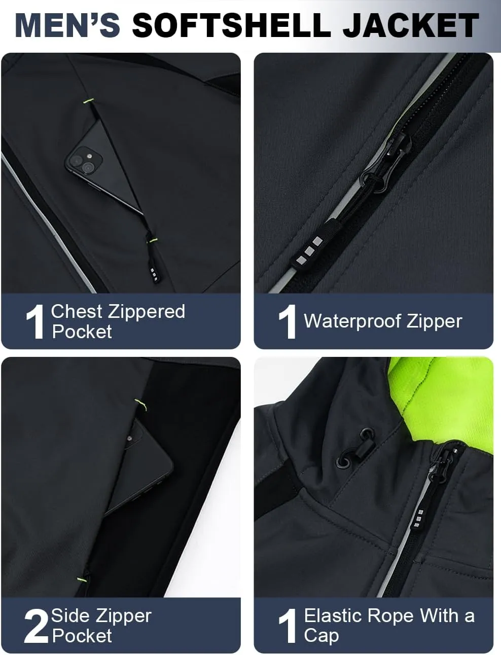 Mens Lightweight Jacket Soft Shell Windbreakers Water-resistant Hiking Safety Outerwear