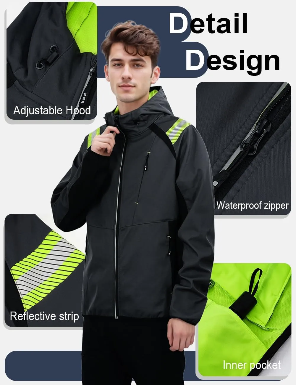 Mens Lightweight Jacket Soft Shell Windbreakers Water-resistant Hiking Safety Outerwear