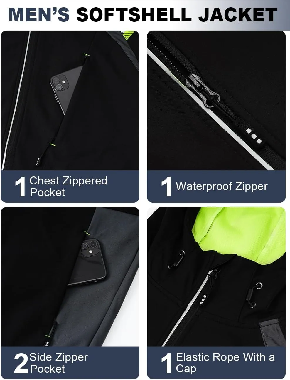 Mens Lightweight Jacket Soft Shell Windbreakers Water-resistant Hiking Safety Outerwear