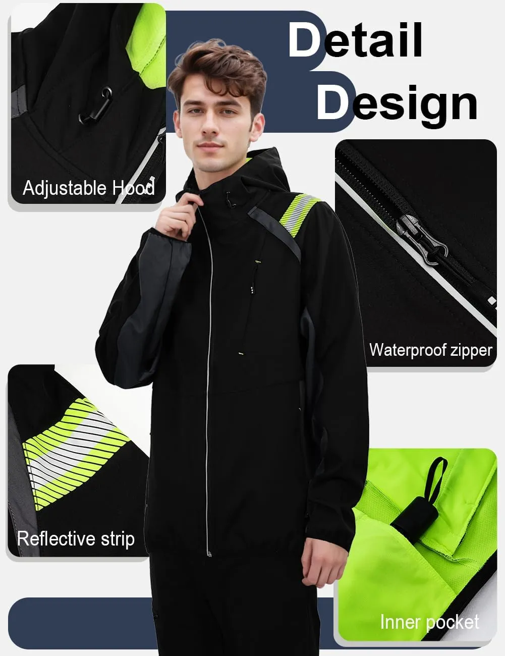 Mens Lightweight Jacket Soft Shell Windbreakers Water-resistant Hiking Safety Outerwear