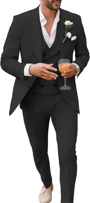 Men's Linen Double Breasted Suits Slim Fit 3 Piece Suits for Men Beach Wedding Tuxedo for Groom Prom Suit Set