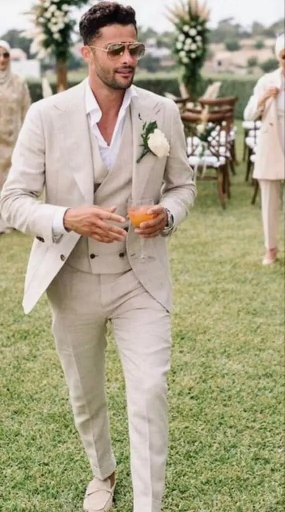 Men's Linen Double Breasted Suits Slim Fit 3 Piece Suits for Men Beach Wedding Tuxedo for Groom Prom Suit Set