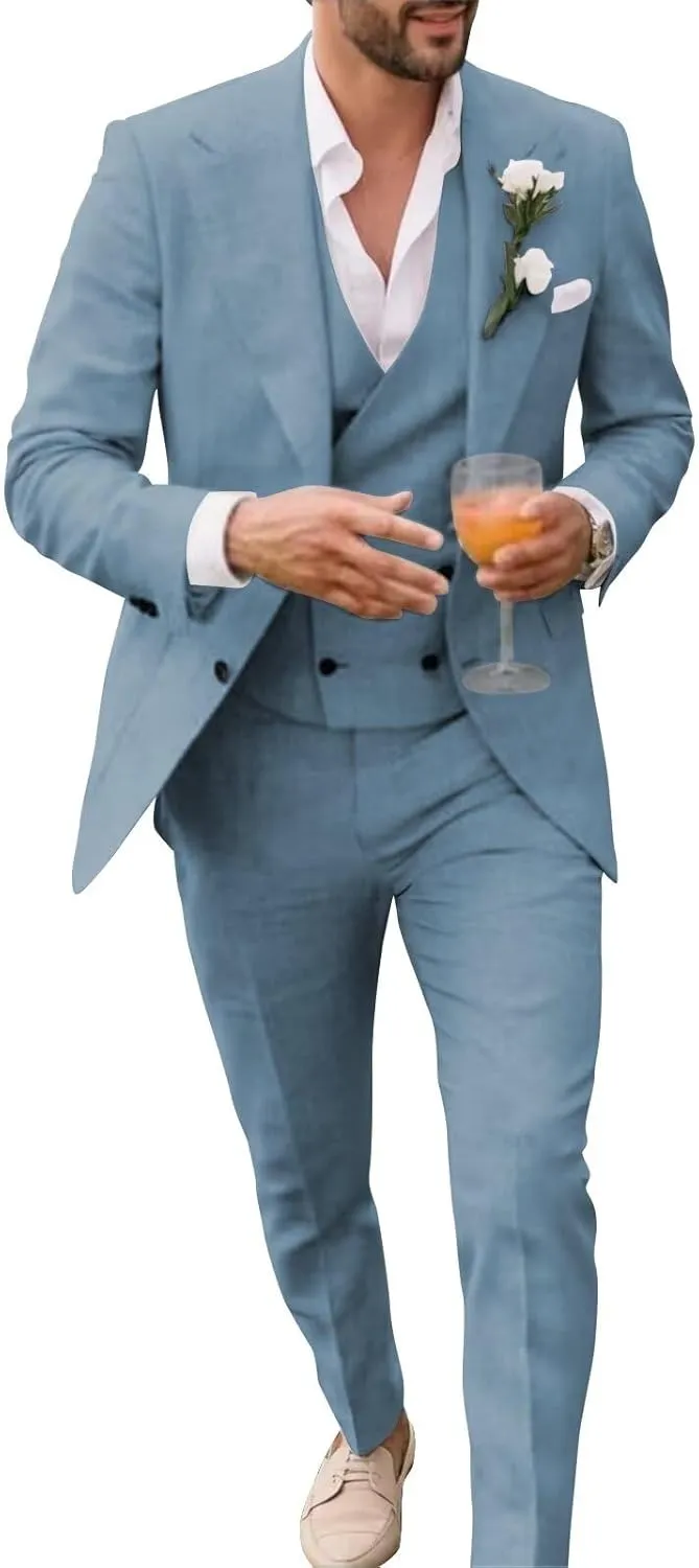 Men's Linen Double Breasted Suits Slim Fit 3 Piece Suits for Men Beach Wedding Tuxedo for Groom Prom Suit Set