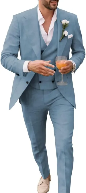 Men's Linen Double Breasted Suits Slim Fit 3 Piece Suits for Men Beach Wedding Tuxedo for Groom Prom Suit Set