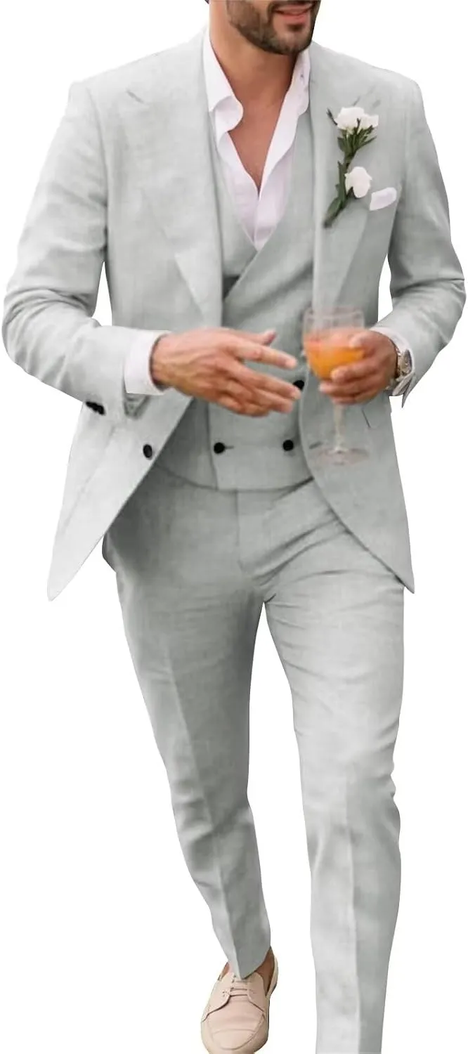 Men's Linen Double Breasted Suits Slim Fit 3 Piece Suits for Men Beach Wedding Tuxedo for Groom Prom Suit Set