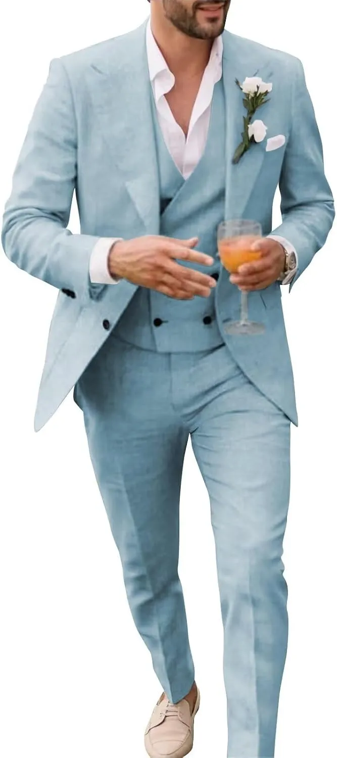 Men's Linen Double Breasted Suits Slim Fit 3 Piece Suits for Men Beach Wedding Tuxedo for Groom Prom Suit Set