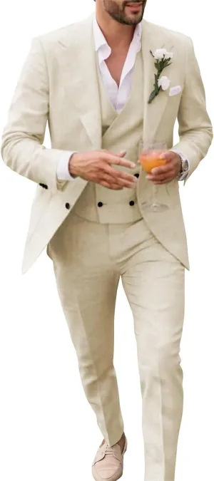 Men's Linen Double Breasted Suits Slim Fit 3 Piece Suits for Men Beach Wedding Tuxedo for Groom Prom Suit Set