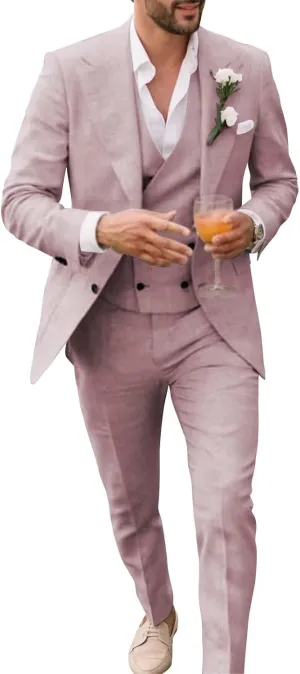Men's Linen Double Breasted Suits Slim Fit 3 Piece Suits for Men Beach Wedding Tuxedo for Groom Prom Suit Set