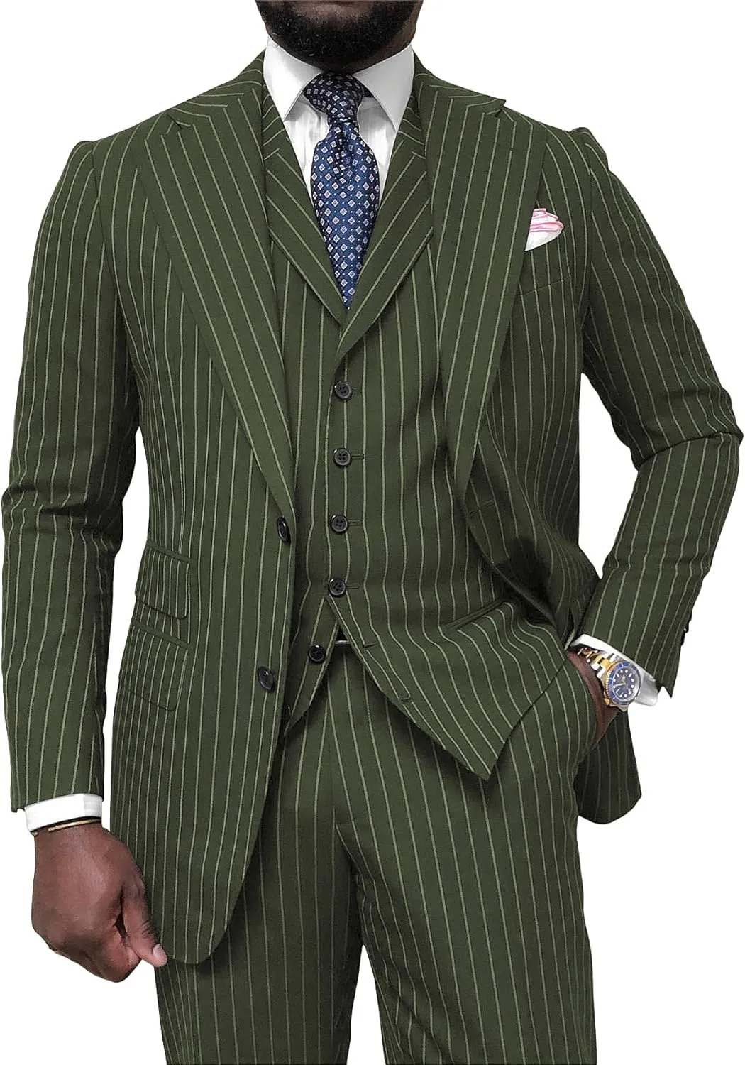 Men's Pinstripe Suit 3 Piece Classic Fit Slim Fit Suit Tuxedo Jacket Vest Pants Casual Suit for Business Wedding Prom