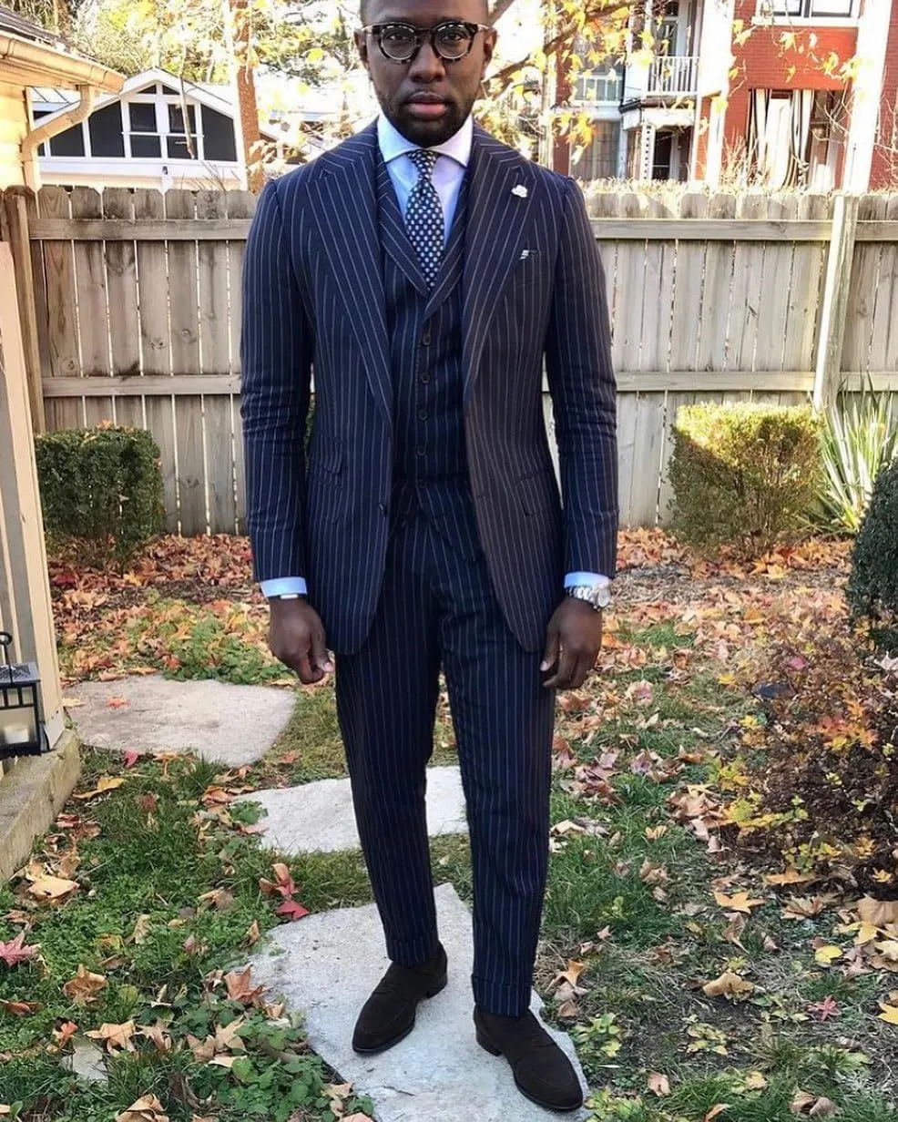 Men's Pinstripe Suit 3 Piece Classic Fit Slim Fit Suit Tuxedo Jacket Vest Pants Casual Suit for Business Wedding Prom