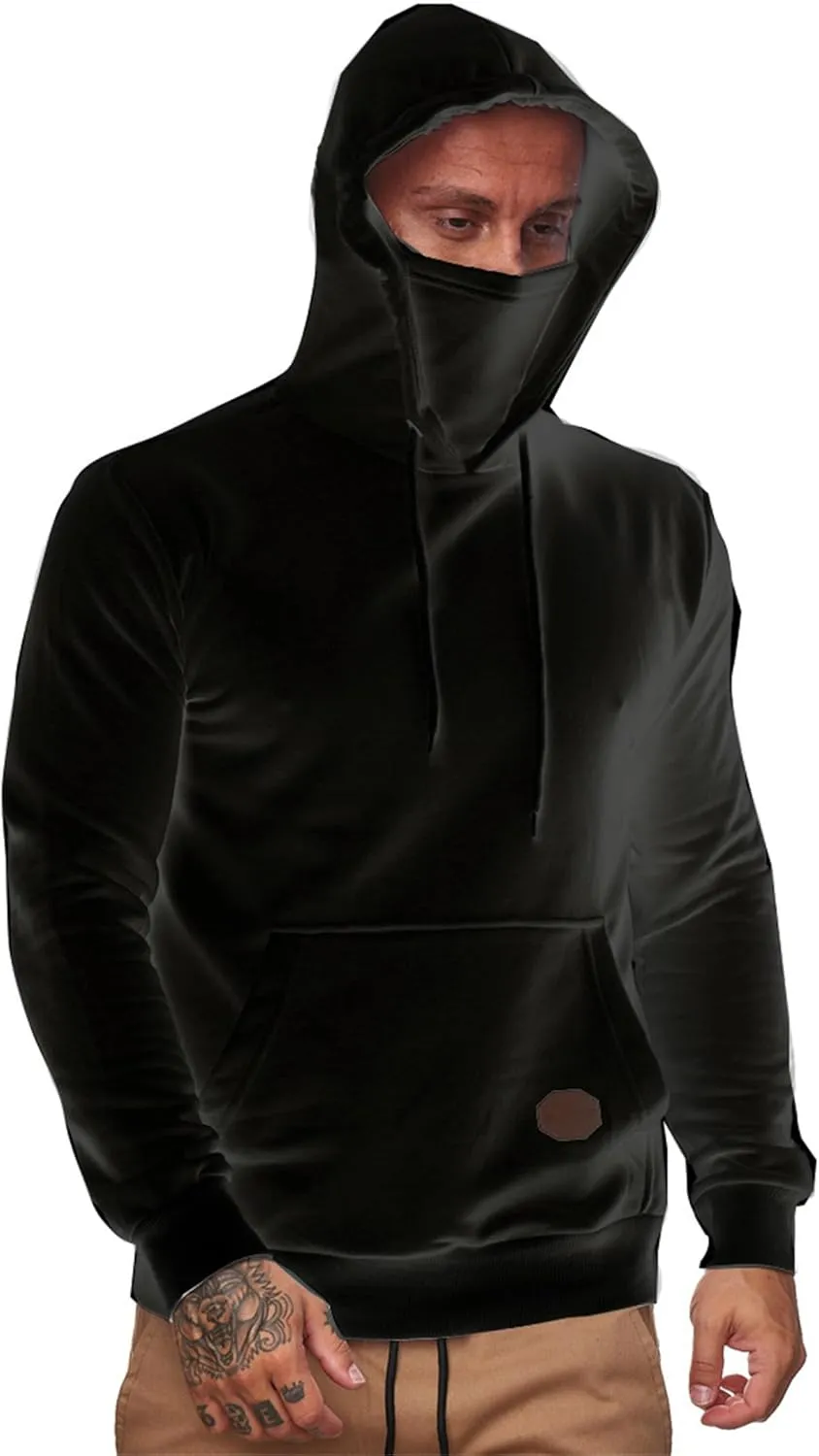 Men's Pullover Hoodies Winter Face Mask Hooded Sweatshirts Drawstring Long Sleeve Casual Warm Fleece Coat with Pockets