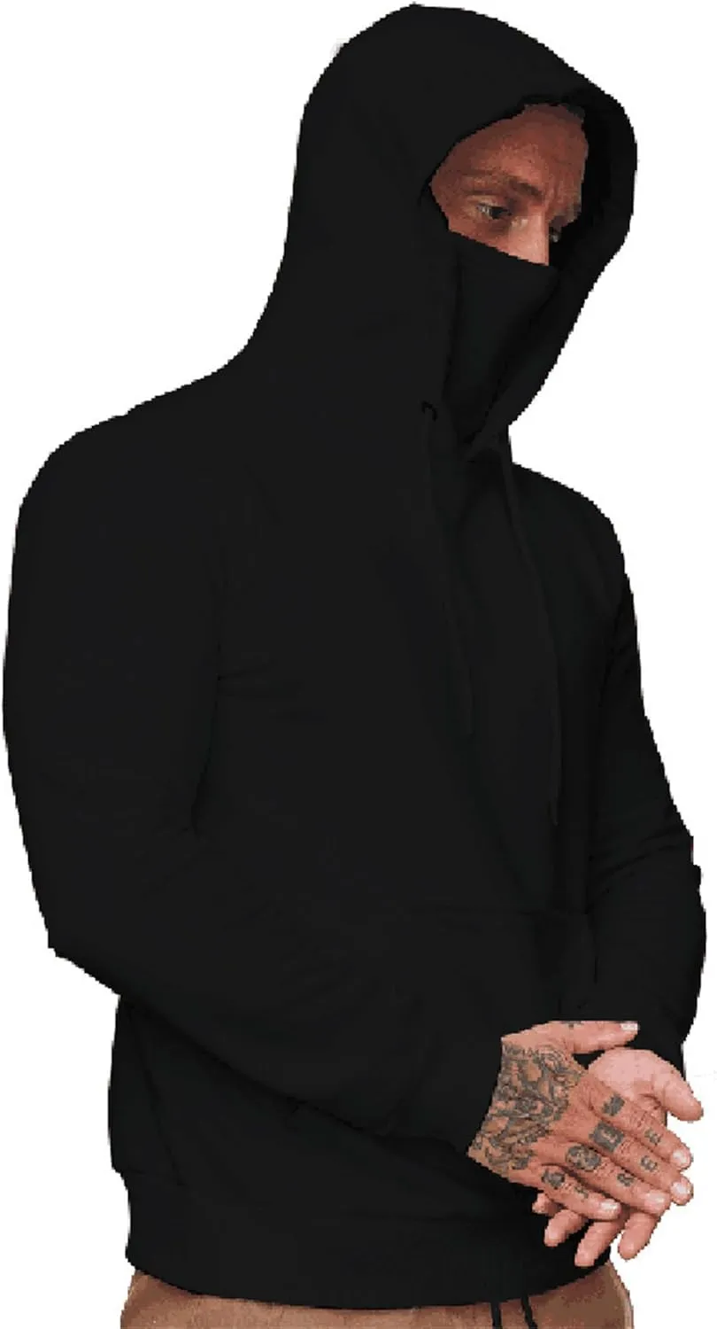 Men's Pullover Hoodies Winter Face Mask Hooded Sweatshirts Drawstring Long Sleeve Casual Warm Fleece Coat with Pockets