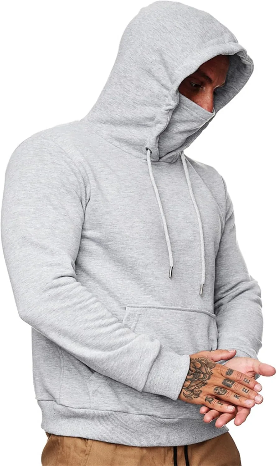 Men's Pullover Hoodies Winter Face Mask Hooded Sweatshirts Drawstring Long Sleeve Casual Warm Fleece Coat with Pockets