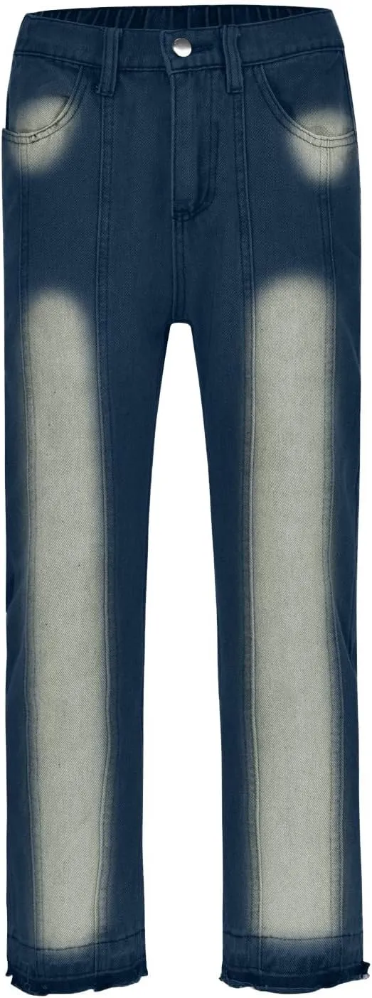 Mens Slim Fit Boot Cut Jeans Denim Straight Leg Relaxed Fit Jeans for Men Washed Old Loose Fashion Casual Jeans Mens
