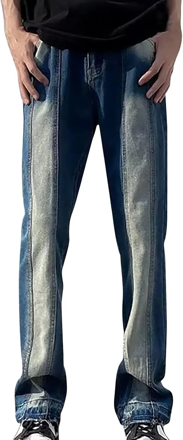 Mens Slim Fit Boot Cut Jeans Denim Straight Leg Relaxed Fit Jeans for Men Washed Old Loose Fashion Casual Jeans Mens
