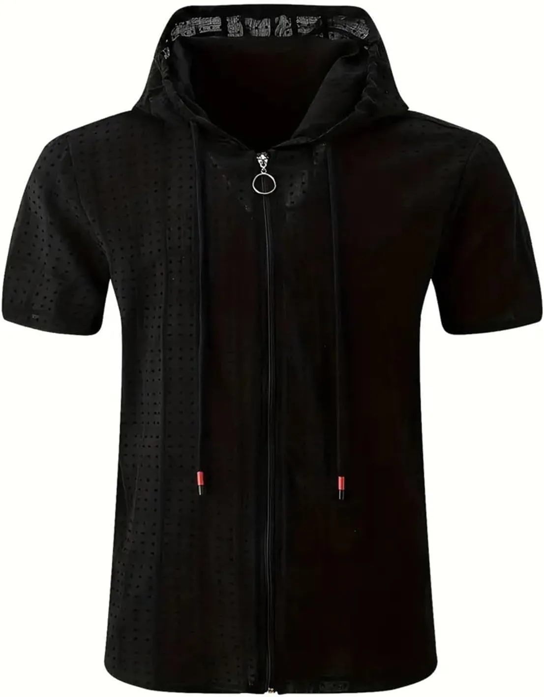 Mens Slim Fit Shirts Short Sleeve Hoodie Full Zip Swiss Dot Drawstring Hooded Cardigan Tops Summer Casual Beach T Shirts