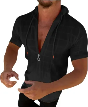 Mens Slim Fit Shirts Short Sleeve Hoodie Full Zip Swiss Dot Drawstring Hooded Cardigan Tops Summer Casual Beach T Shirts
