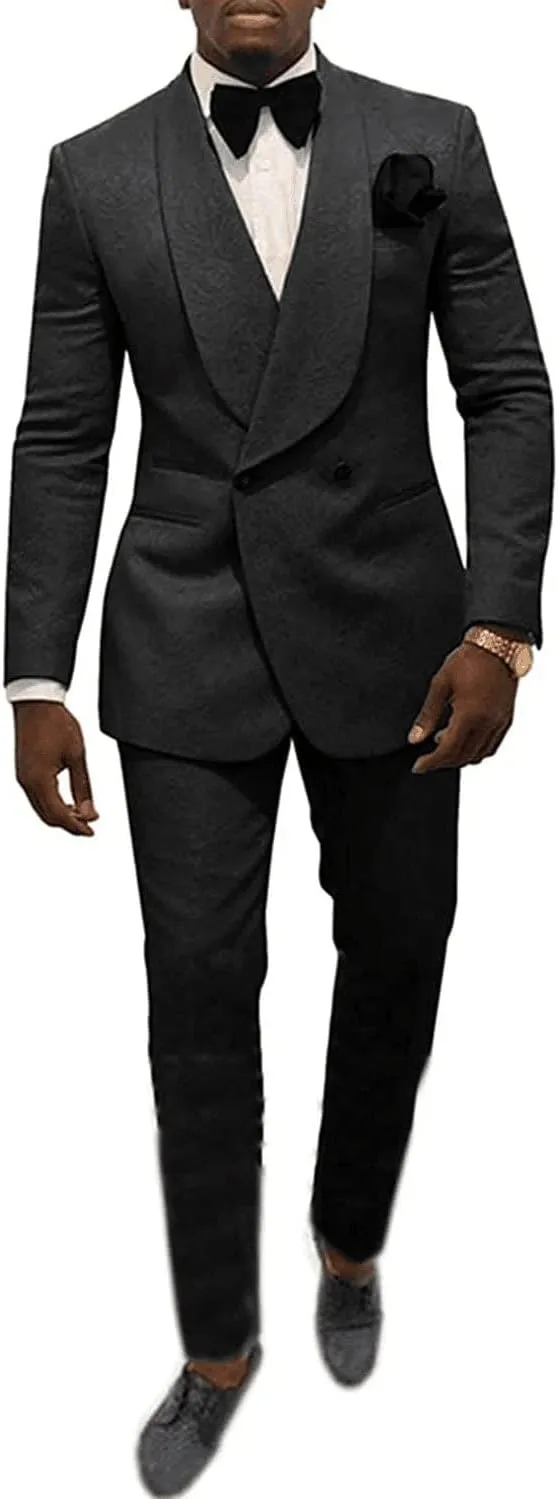 Mens Suit Jacquard Groom Tuxedos Shawl Lapel Suits Slim Fit 2 Pieces Two Buttons Jacket