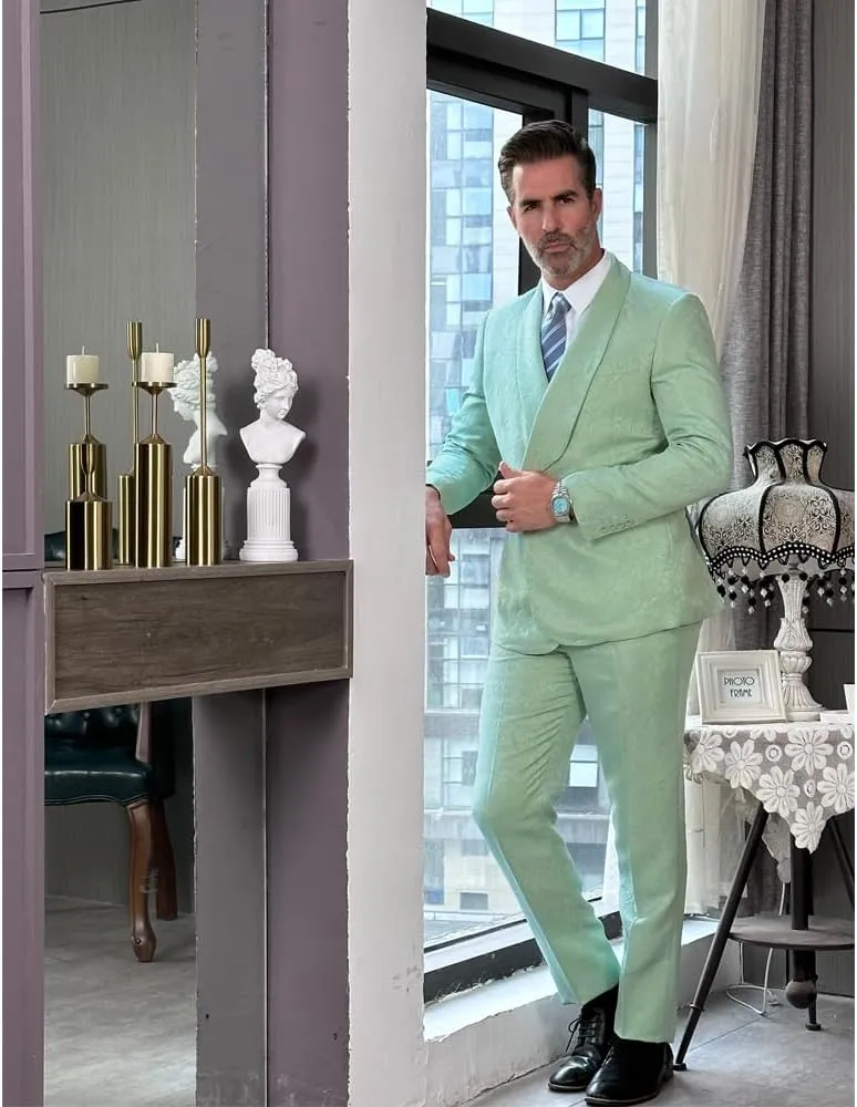 Mens Suit Jacquard Groom Tuxedos Shawl Lapel Suits Slim Fit 2 Pieces Two Buttons Jacket