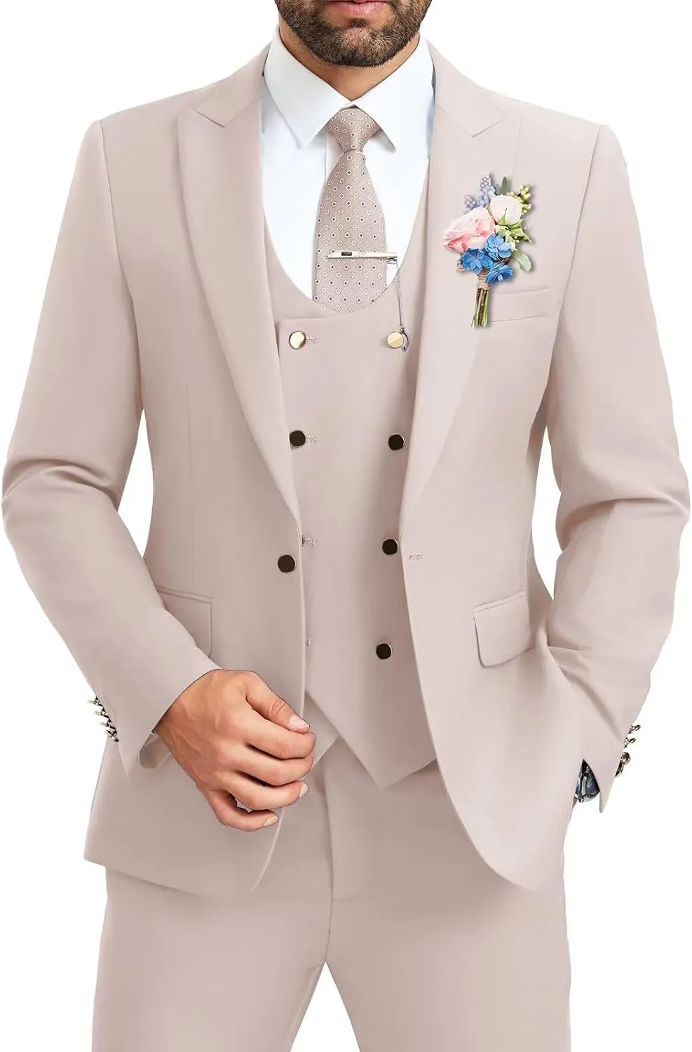 Men's Suit Slim Fit 3 Piece Double Breasted Suits Prom Tuxedo Set Formal Casual Jacket Blazer Vest Pant Wedding Suit for Men