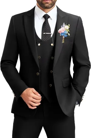 Men's Suit Slim Fit 3 Piece Double Breasted Suits Prom Tuxedo Set Formal Casual Jacket Blazer Vest Pant Wedding Suit for Men