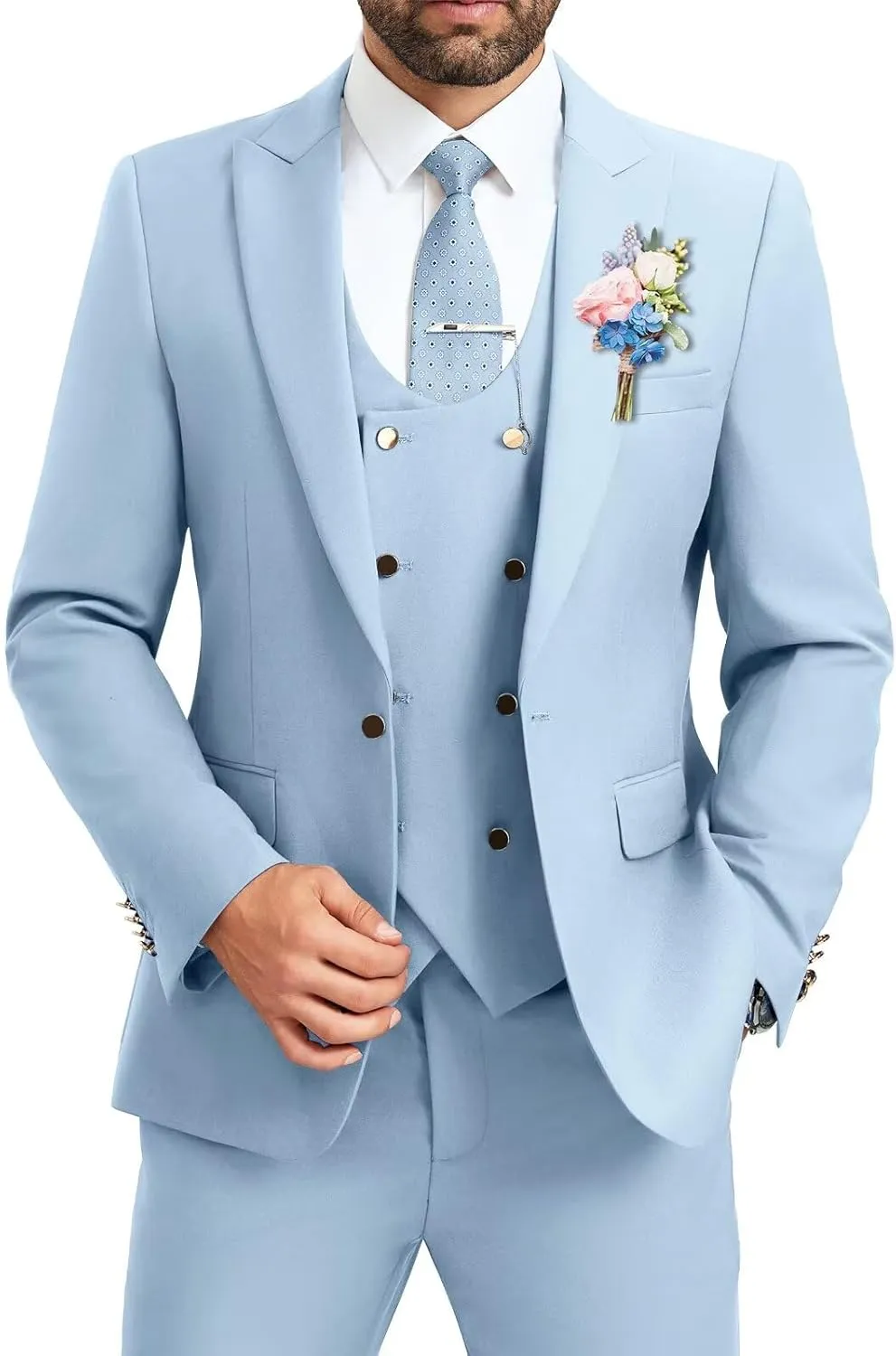 Men's Suit Slim Fit 3 Piece Double Breasted Suits Prom Tuxedo Set Formal Casual Jacket Blazer Vest Pant Wedding Suit for Men