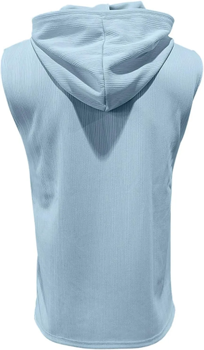 Men's Summer Sleeveless Hoodies Lace Up Hooded Tank Tops Solid Color Slim Fit Shirts Casual Workout Muscle Fit Tops