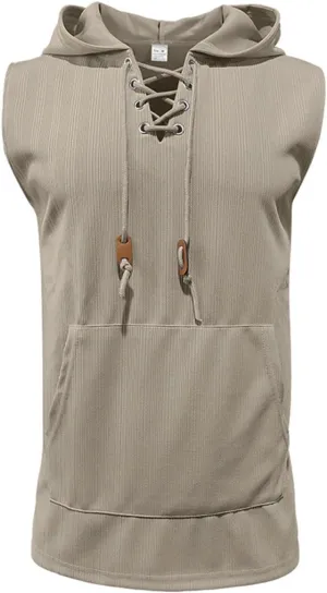 Men's Summer Sleeveless Hoodies Lace Up Hooded Tank Tops Solid Color Slim Fit Shirts Casual Workout Muscle Fit Tops