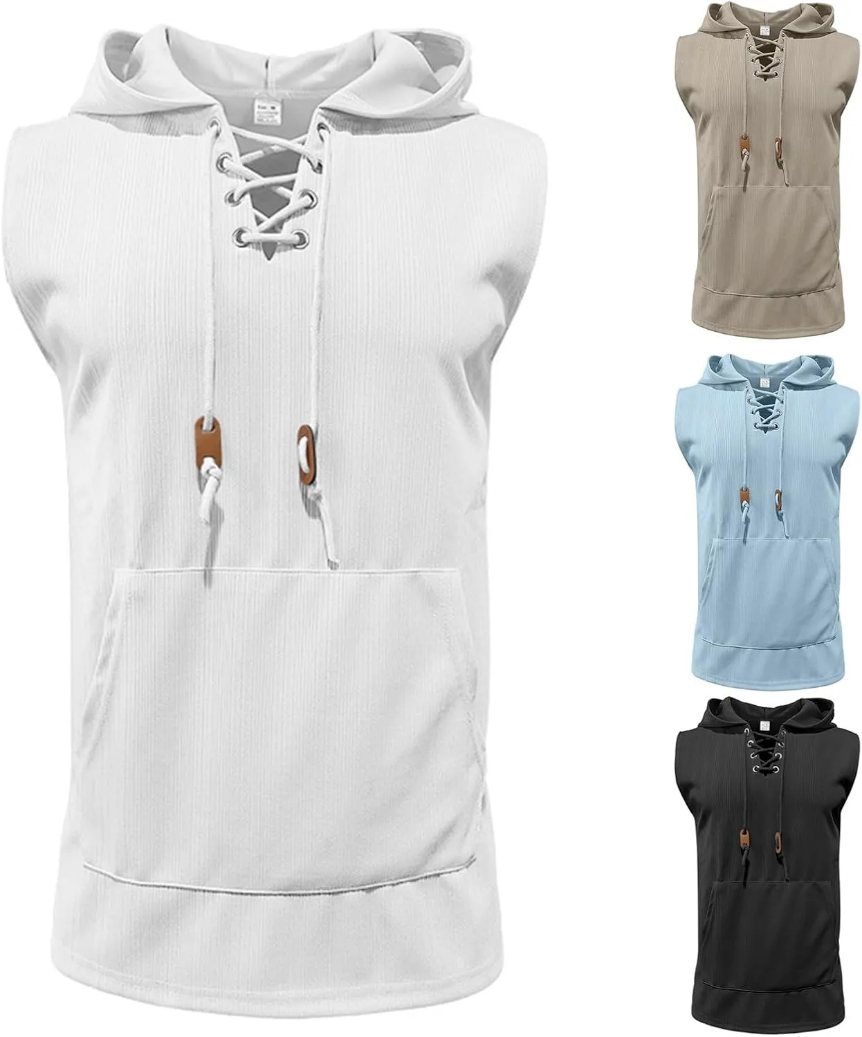 Men's Summer Sleeveless Hoodies Lace Up Hooded Tank Tops Solid Color Slim Fit Shirts Casual Workout Muscle Fit Tops
