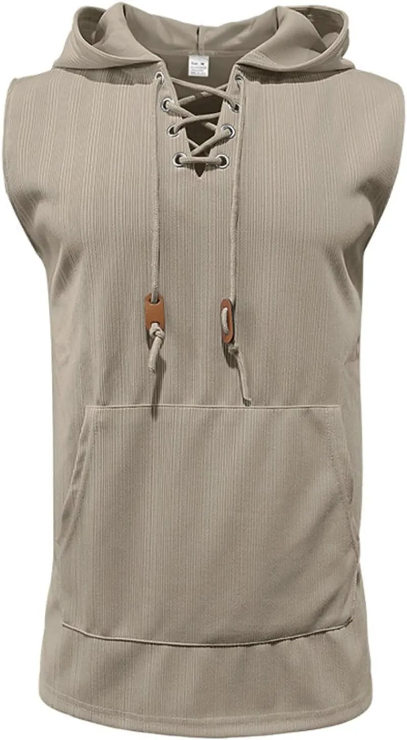 Men's Summer Sleeveless Hoodies Lace Up Hooded Tank Tops Solid Color Slim Fit Shirts Casual Workout Muscle Fit Tops