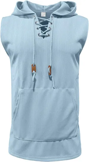 Men's Summer Sleeveless Hoodies Lace Up Hooded Tank Tops Solid Color Slim Fit Shirts Casual Workout Muscle Fit Tops