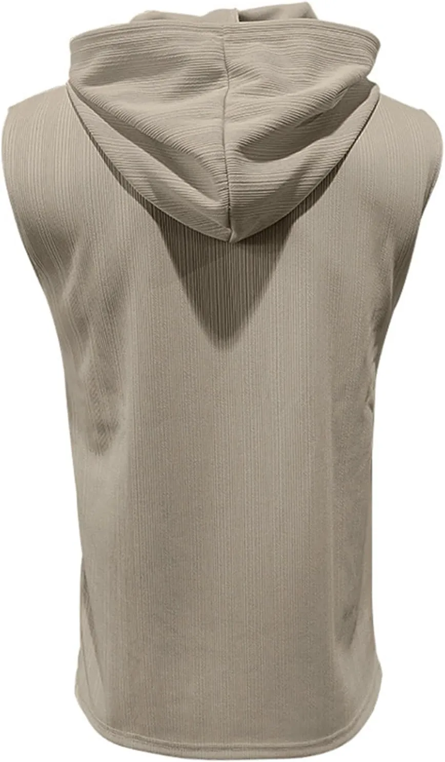 Men's Summer Sleeveless Hoodies Lace Up Hooded Tank Tops Solid Color Slim Fit Shirts Casual Workout Muscle Fit Tops