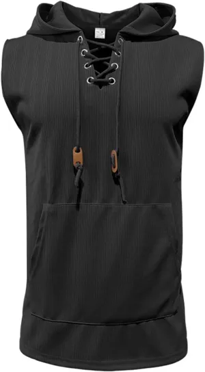 Men's Summer Sleeveless Hoodies Lace Up Hooded Tank Tops Solid Color Slim Fit Shirts Casual Workout Muscle Fit Tops