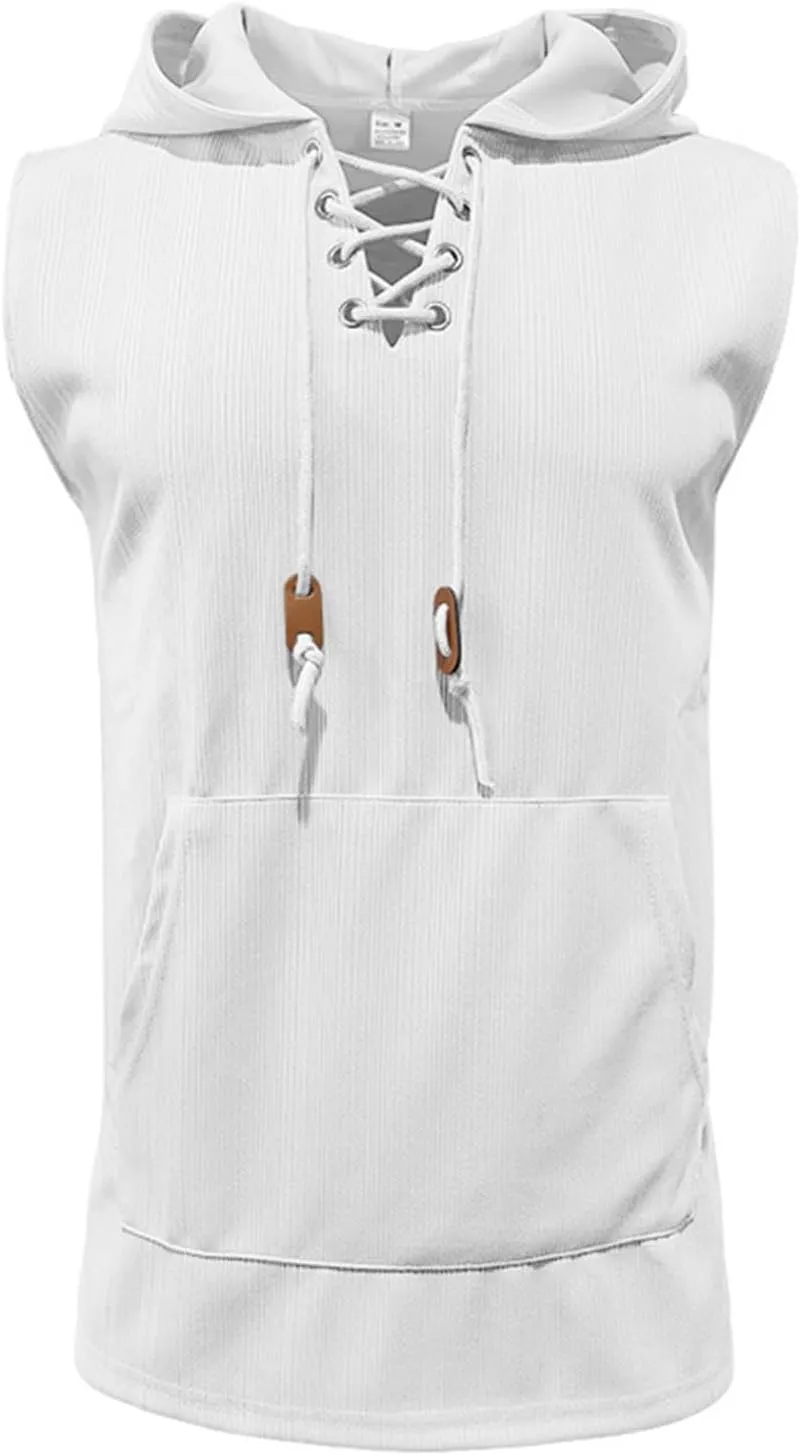 Men's Summer Sleeveless Hoodies Lace Up Hooded Tank Tops Solid Color Slim Fit Shirts Casual Workout Muscle Fit Tops