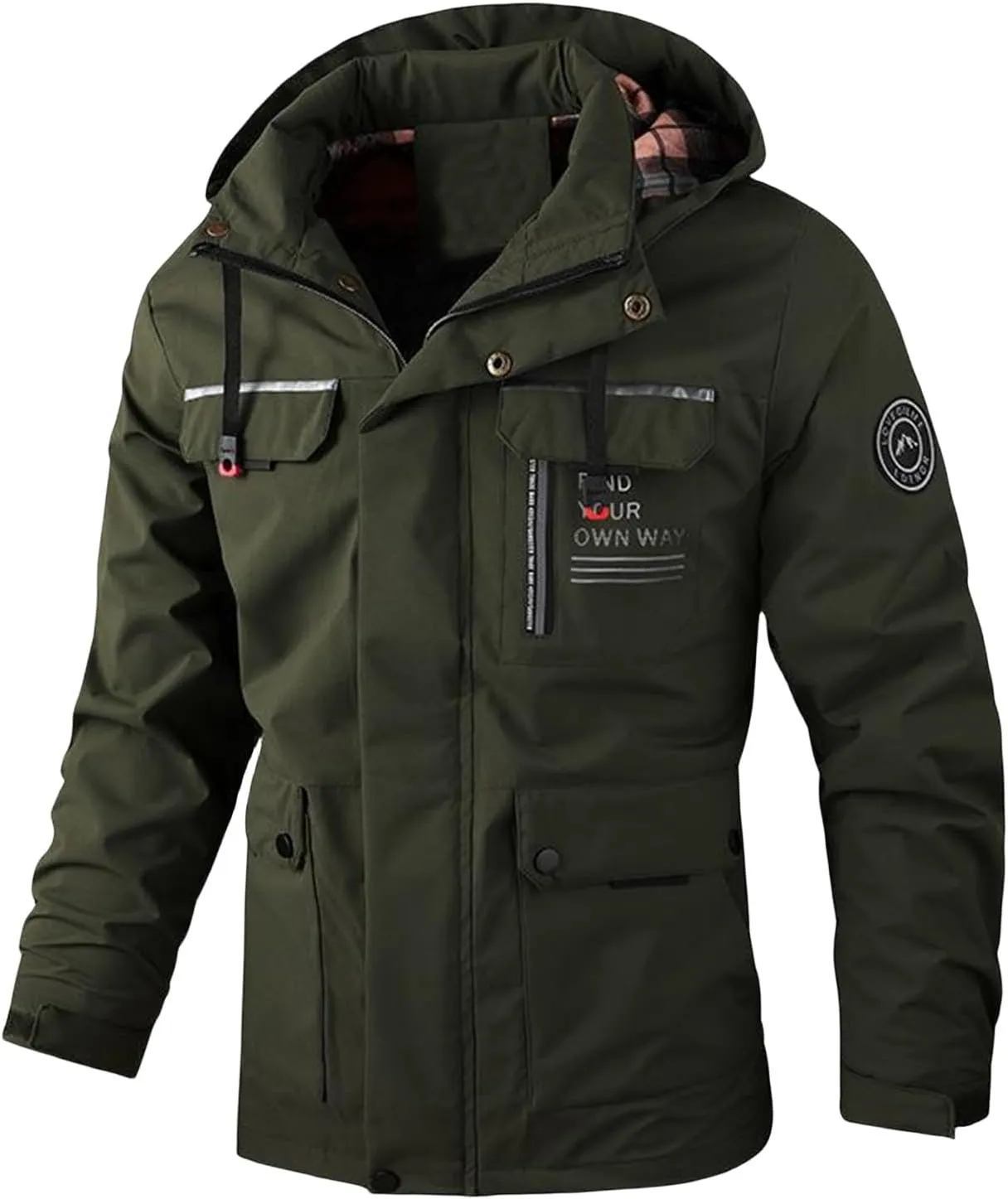 Mens Trendy Hooded Jackets Zip up Long Sleeves Coats Multi-Pockets Loose Casual Jackets Plain Tops Fall Winter New