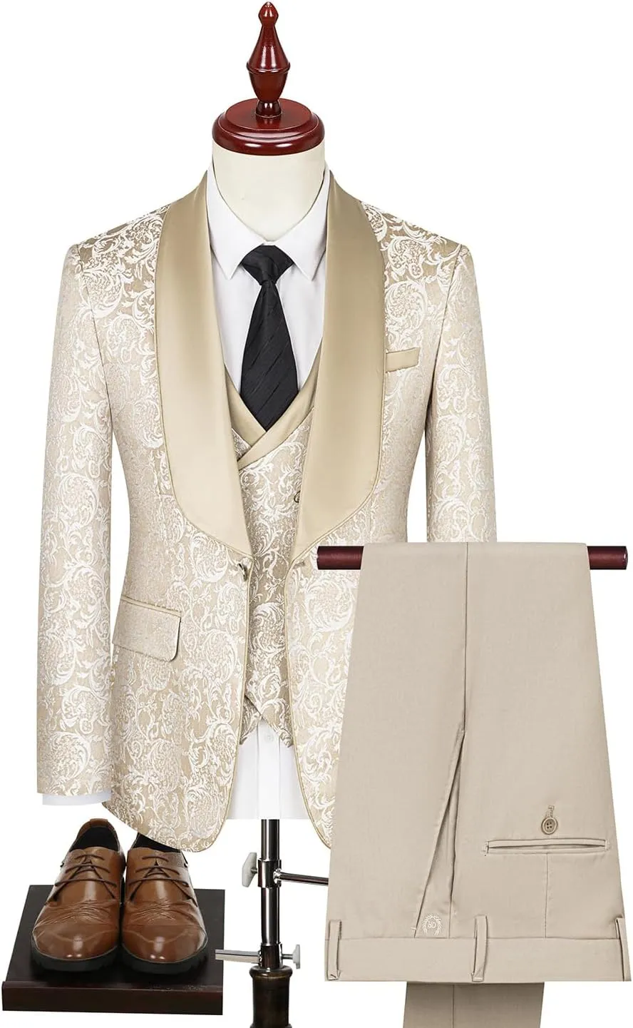 Men's Tuxedo Suits 3 Piece Wedding Prom Suits Embroidered Paisley Blazer Jacket Vest Pants Set for Party,Dinner
