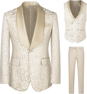 Men's Tuxedo Suits 3 Piece Wedding Prom Suits Embroidered Paisley Blazer Jacket Vest Pants Set for Party,Dinner